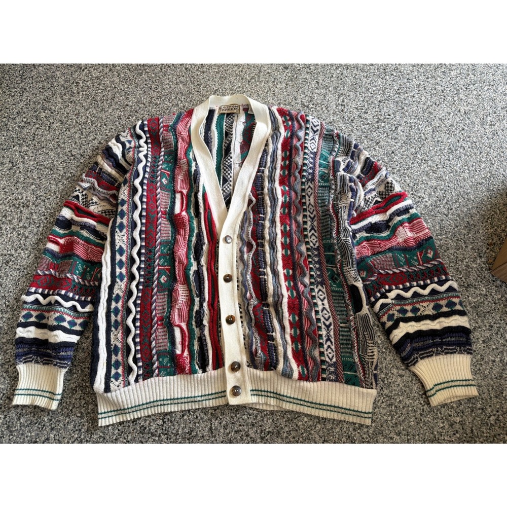 Cotton Traders Vintage 3D Knit Cardigan Multi Color Textured Sweater Mens Large